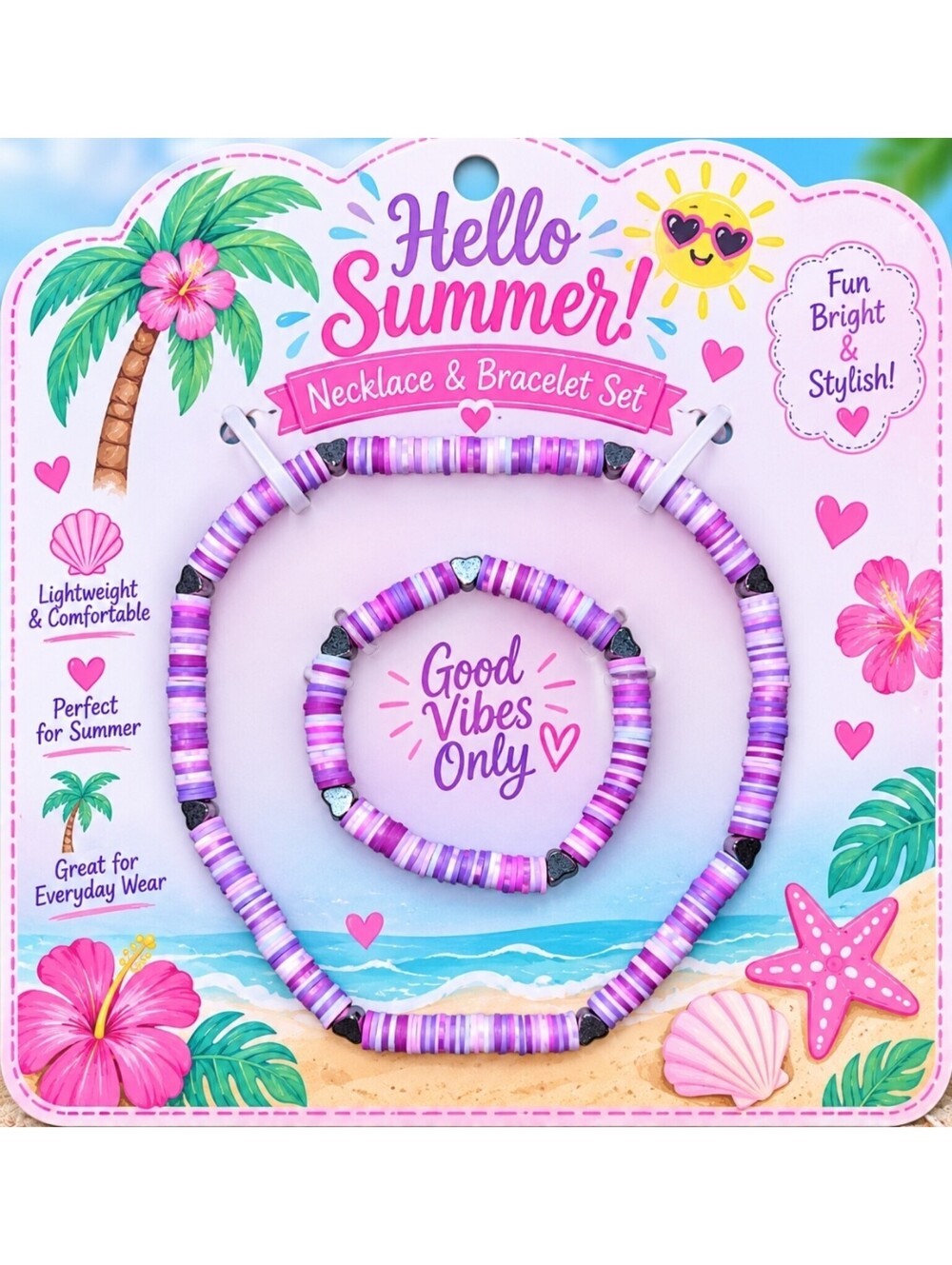 Beach Babe Surfer Girl Heishi Purple Beaded Necklace & Bracelet Set